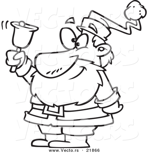 Vector of a Cartoon Black and White Outline Design of Santa Ringing a Bell - Outlined Coloring Page