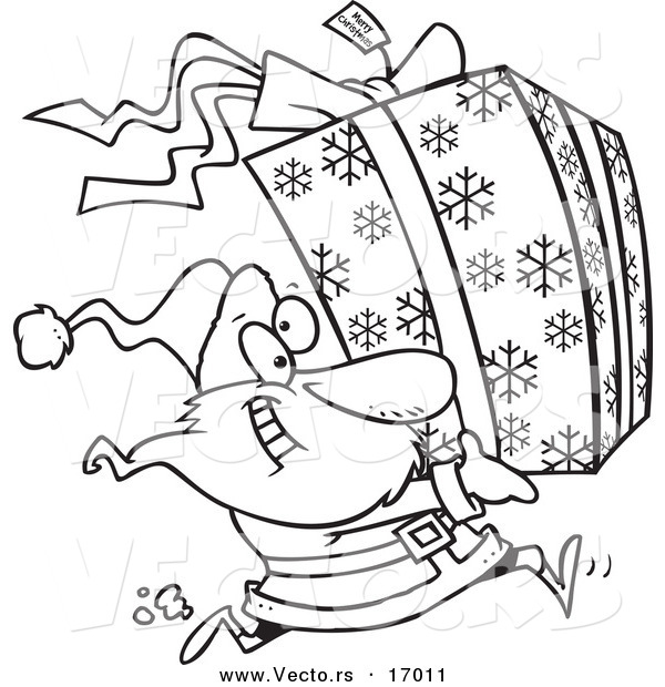 Vector of a Cartoon Black and White Outline Design of Santa Running and Carrying a Large Gift - Coloring Page Outline