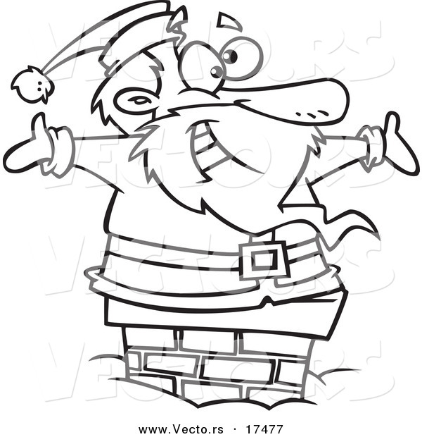 Vector of a Cartoon Black and White Outline Design of Santa Smiling in a Chimney - Coloring Page Outline