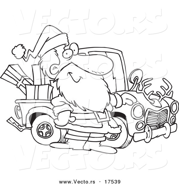 Vector of a Cartoon Black and White Outline Design of Santa Standing by His Redneck Truck - Coloring Page Outline