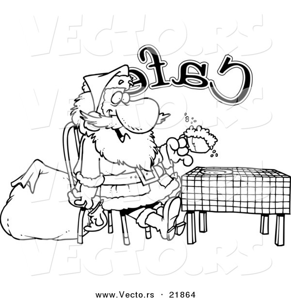 Vector of a Cartoon Black and White Outline Design of Santa Taking a Break in a Cafe - Outlined Coloring Page