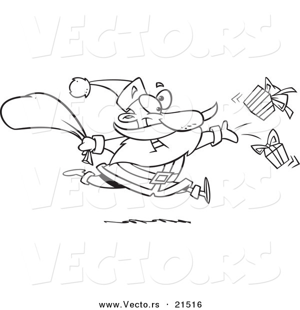 Vector of a Cartoon Black and White Outline Design of Santa Tossing Gifts - Outlined Coloring Page