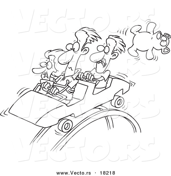 Vector of a Cartoon Black and White Outline Design of Scared People on a Roller Coaster - Outlined Coloring Page