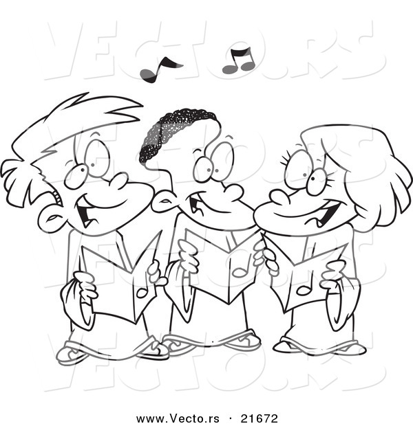 Vector of a Cartoon Black and White Outline Design of Singing Kids in a Choir - Outlined Coloring Page