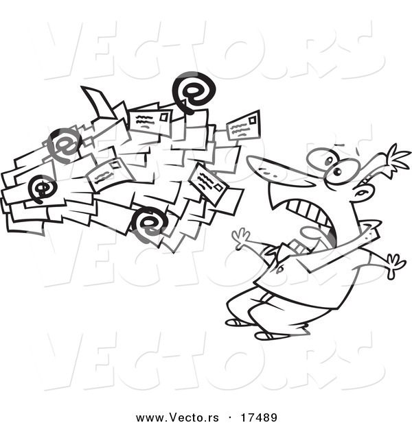 Vector of a Cartoon Black and White Outline Design of Spam Mail Shooting Towards a Man - Coloring Page Outline