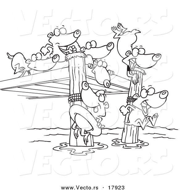 Vector of a Cartoon Black and White Outline Design of Swimming Lemmings - Outlined Coloring Page