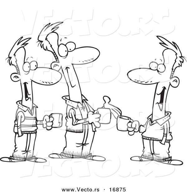 Vector of a Cartoon Black and White Outline Design of Three Brothers Talking over Coffee - Coloring Page Outline
