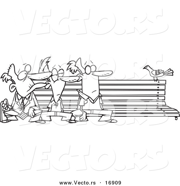 Vector of a Cartoon Black and White Outline Design of Three Men Watching a Bird on a Bench - Coloring Page Outline