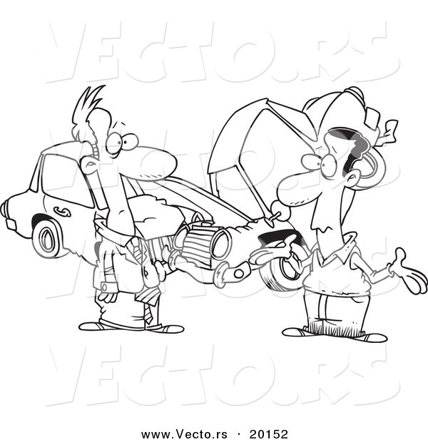 Vector of a Cartoon Black and White Outline Design of Two Men Roadside After a Fender Bender - Outlined Coloring Page