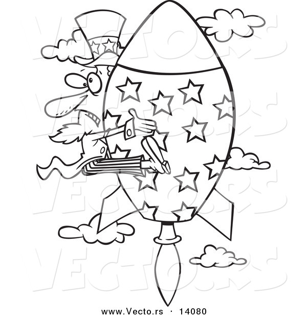 Vector of a Cartoon Black and White Outline Design of Uncle Sam Shooting Upwards on a Rocket - Coloring Page Outline