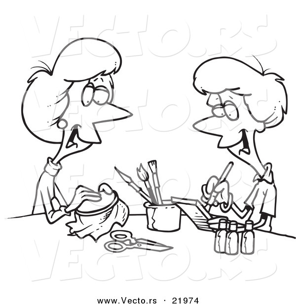 Vector of a Cartoon Black and White Outline Design of Women Doing Crafts - Outlined Coloring Page