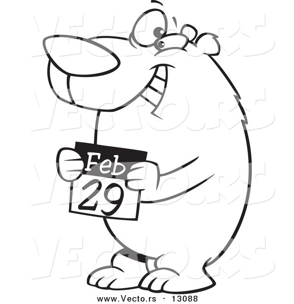 Vector of a Cartoon Black and White Outline Leap Day Bear Holding a February 29th Calendar - Outlined Coloring Page