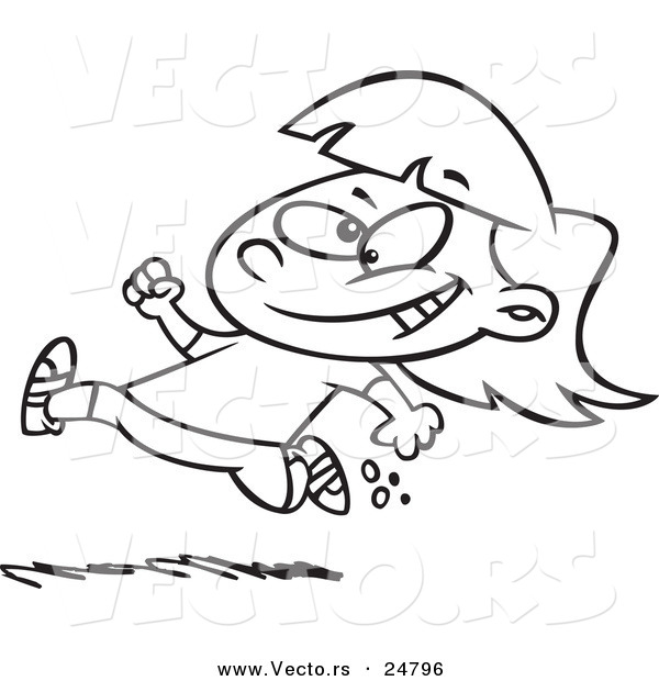 Vector of a Cartoon Black and White Outline Little Girl Running - Outlined Coloring Page