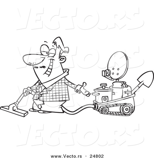 Vector of a Cartoon Black and White Outline Male Inventor Introducing His Five in One Machine - Outlined Coloring Page