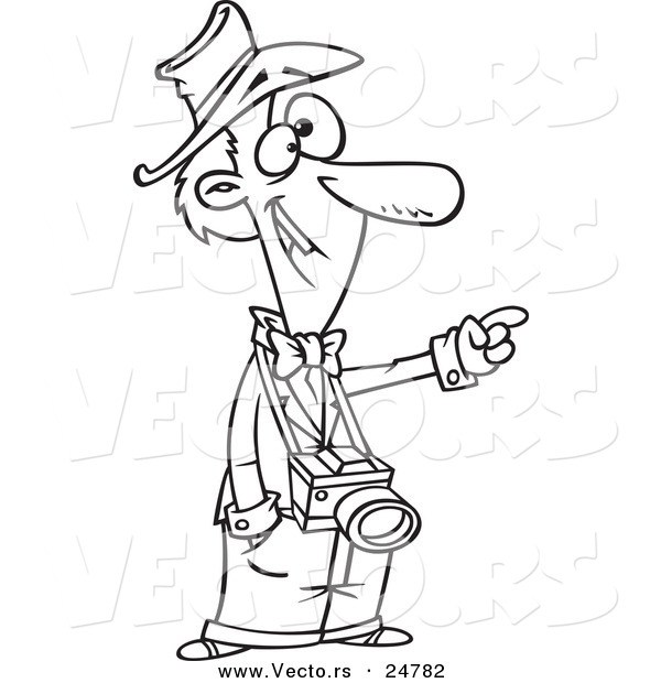 Vector of a Cartoon Black and White Outline Male Photographer Pointing and Instructing - Outlined Coloring Page