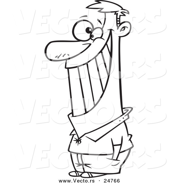 Vector of a Cartoon Black and White Outline Man Giving the Biggest Smile - Outlined Coloring Page