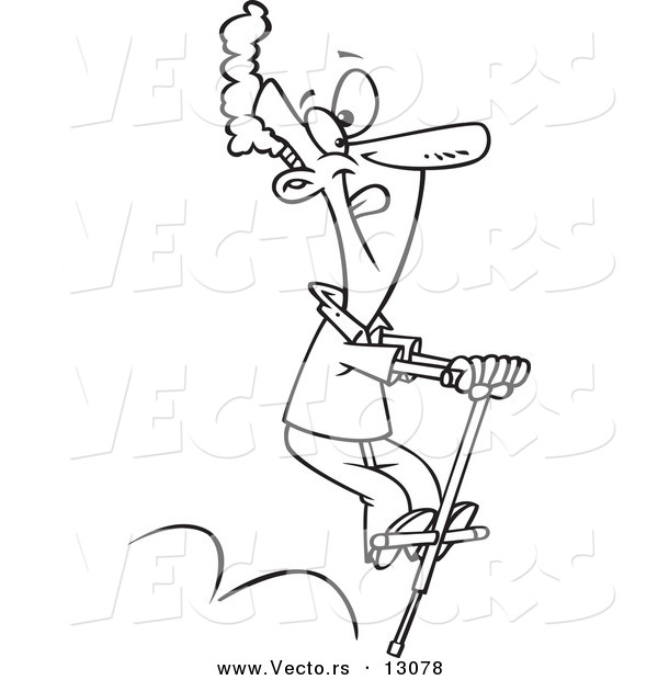 Vector of a Cartoon Black and White Outline Man Hopping on a Pogo Stick on Leap Day - Outlined Coloring Page