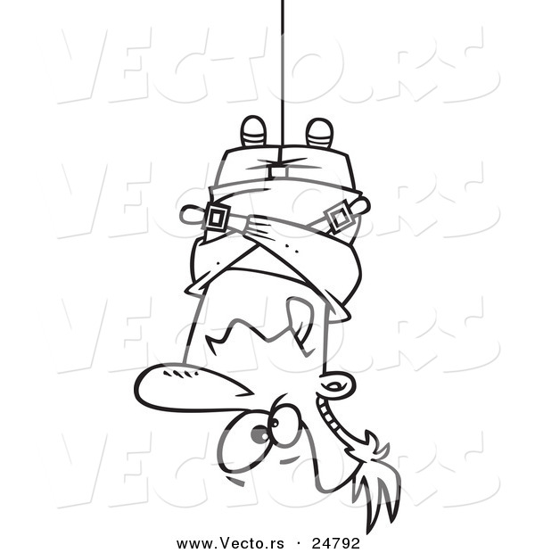Vector of a Cartoon Black and White Outline Man Hung Upside down in a Straitjacket - Outlined Coloring Page