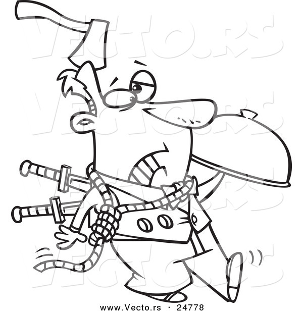 Vector of a Cartoon Black and White Outline Murder Mystery Server Man with an Axe in His Head and Knives in His Back - Outlined Coloring Page
