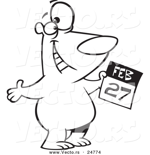 Vector of a Cartoon Black and White Outline Polar Bear Holding a February 27 Calendar for Polar Bear Day - Outlined Coloring Page