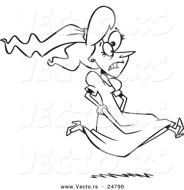 Vector of a Cartoon Black and White Outline Runaway or Late Bride - Outlined Coloring Page