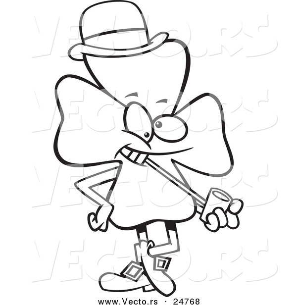 Vector of a Cartoon Black and White Outline St Patricks Day Shamrock Smoking a Pipe - Outlined Coloring Page