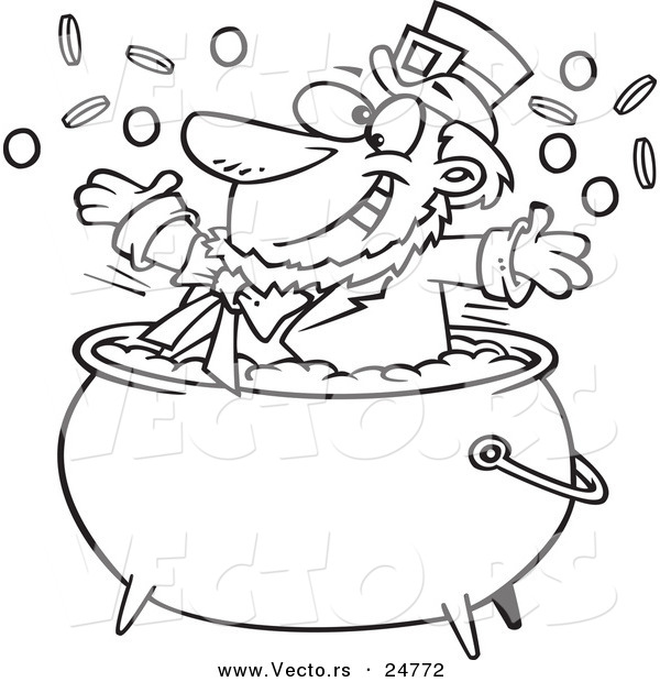 Vector of a Cartoon Black and White Outline St Patricks Leprechaun Playing in a Pot of Gold - Outlined Coloring Page