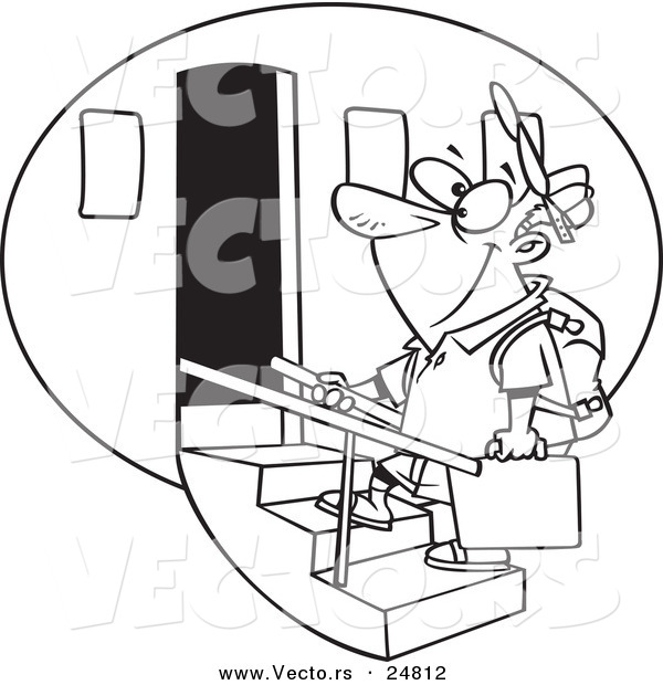 Vector of a Cartoon Black and White Outline Tourist Man Boarding an Airplane - Outlined Coloring Page
