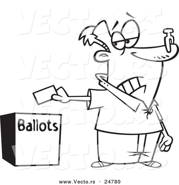 Vector of a Cartoon Black and White Outline Voter with a Nose Plug Putting His Ballot in a Box - Outlined Coloring Page