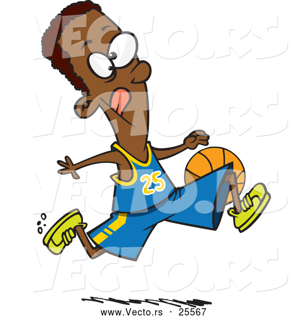 Vector of a Cartoon Black Athletic Basketball Player Running While Dribbling the Ball