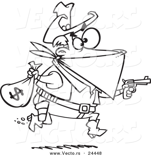 Vector of a Cartoon Black Bart Outlaw Stealing Money - Outlined Coloring Page