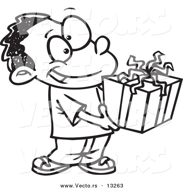 Vector of a Cartoon Black Boy Holding a Gift Box - Coloring Page Outline