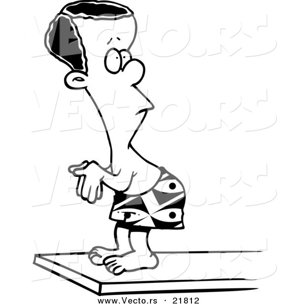 Vector of a Cartoon Black Boy on a Diving Board - Outlined Coloring Page