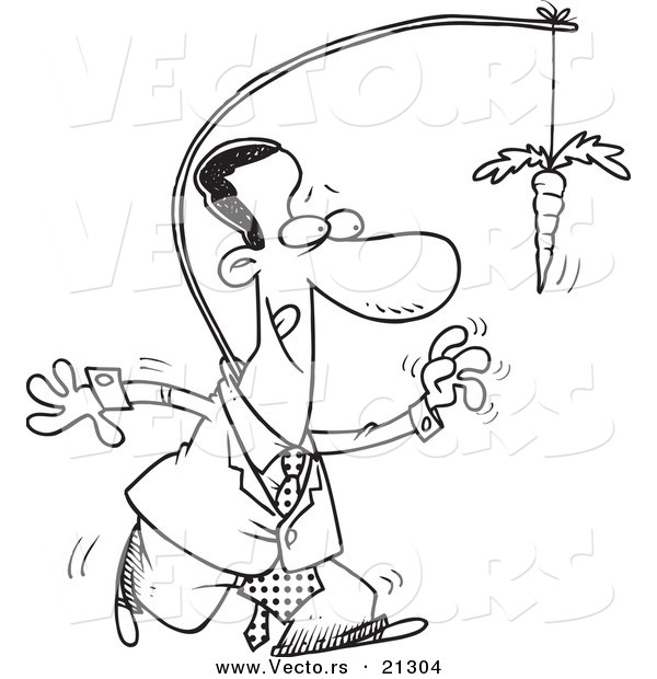 Vector of a Cartoon Black Businessman Chasing After a Carrot on a Stick - Outlined Coloring Page