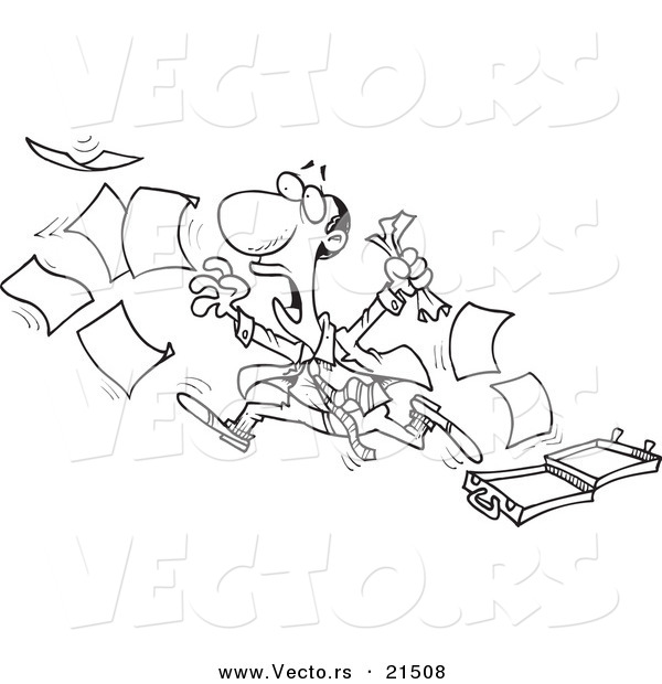Vector of a Cartoon Black Businessman Chasing After Paperwork - Outlined Coloring Page