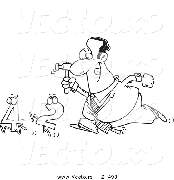 Vector of a Cartoon Black Businessman Crunching Numbers - Outlined Coloring Page