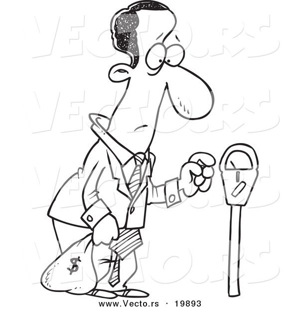 Vector of a Cartoon Black Businessman Holding a Money Bag by a Meter - Outlined Coloring Page