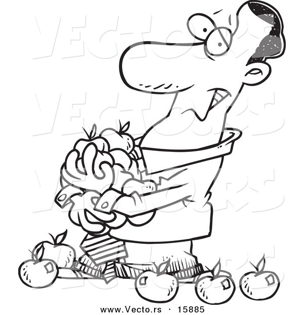 Vector of a Cartoon Black Businessman Holding an Armful of Apples - Outlined Coloring Page Drawing