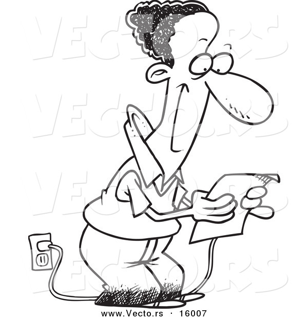 Vector of a Cartoon Black Businessman Reading His Email - Outlined Coloring Page Drawing
