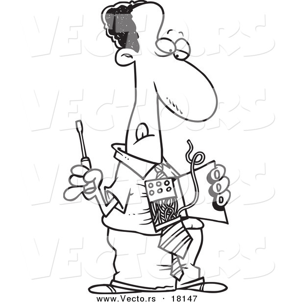 Vector of a Cartoon Black Businessman Repairing His Wires - Outlined Coloring Page