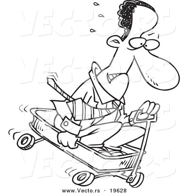 Vector of a Cartoon Black Businessman Riding Downhill in a Wagon - Outlined Coloring Page
