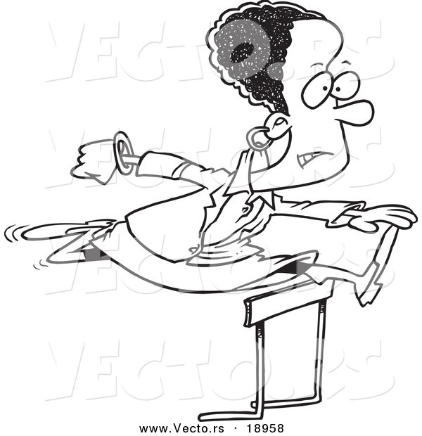 Vector of a Cartoon Black Businesswoman Leaping over a Hurdle - Outlined Coloring Page