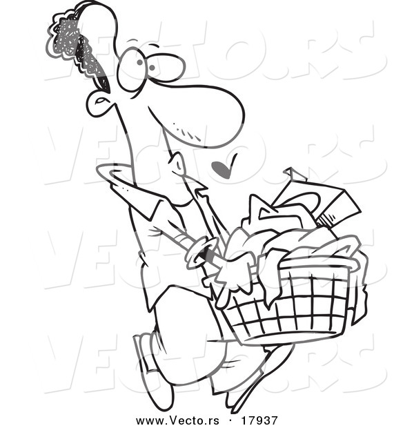 Vector of a Cartoon Black Man Carrying a Laundry Basket - Outlined Coloring Page
