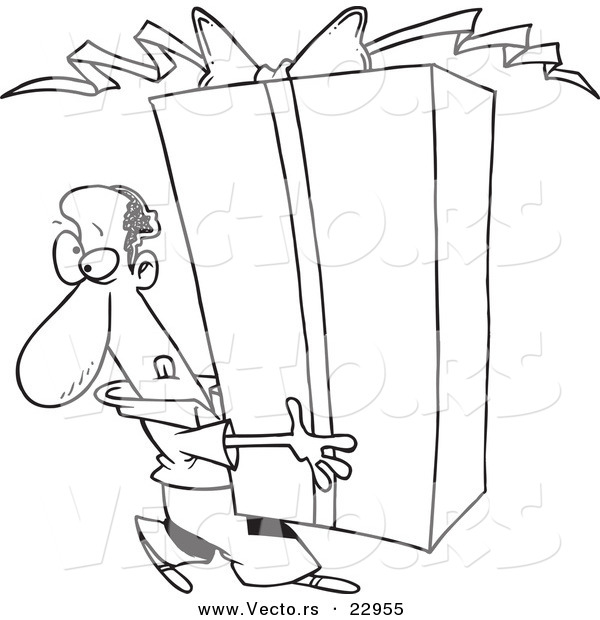 Vector of a Cartoon Black Man Holding a Giant Gift - Coloring Page Outline