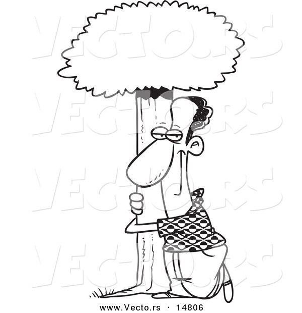 Vector of a Cartoon Black Man Hugging a Tree - Coloring Page Outline