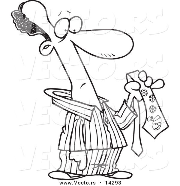 Vector of a Cartoon Black Man in His Pajamas, Holding a Christmas Tie - Coloring Page Outline