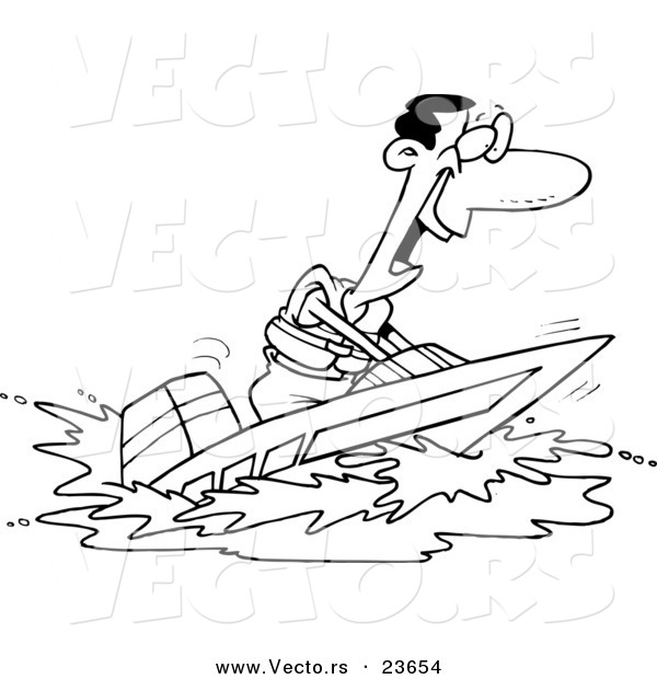 Vector of a Cartoon Black Man on a Speed Boat - Coloring Page Outline