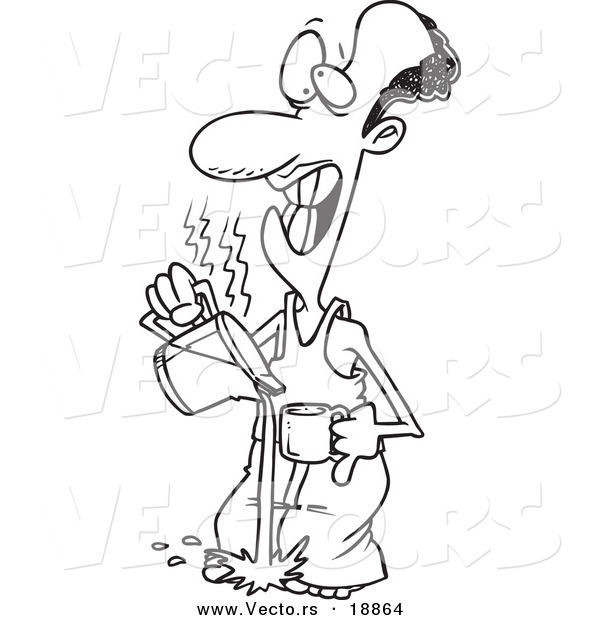 Vector of a Cartoon Black Man Pouring Hot Coffee on His Feet - Outlined Coloring Page