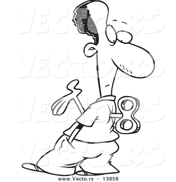 Vector of a Cartoon Black Wind up Businessman Holding a Hand out and Looking at His Back - Coloring Page Outline
