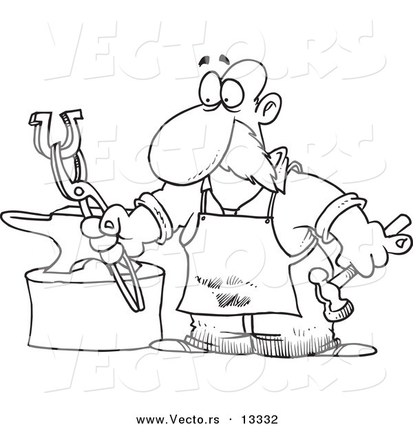 Vector of a Cartoon Blacksmith Working on a Horseshoe - Coloring Page Outline